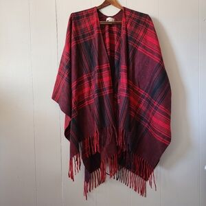 Belle by Kim Gravel Plaid Shawl Cardigan Wrap Poncho Fringe Red One Size